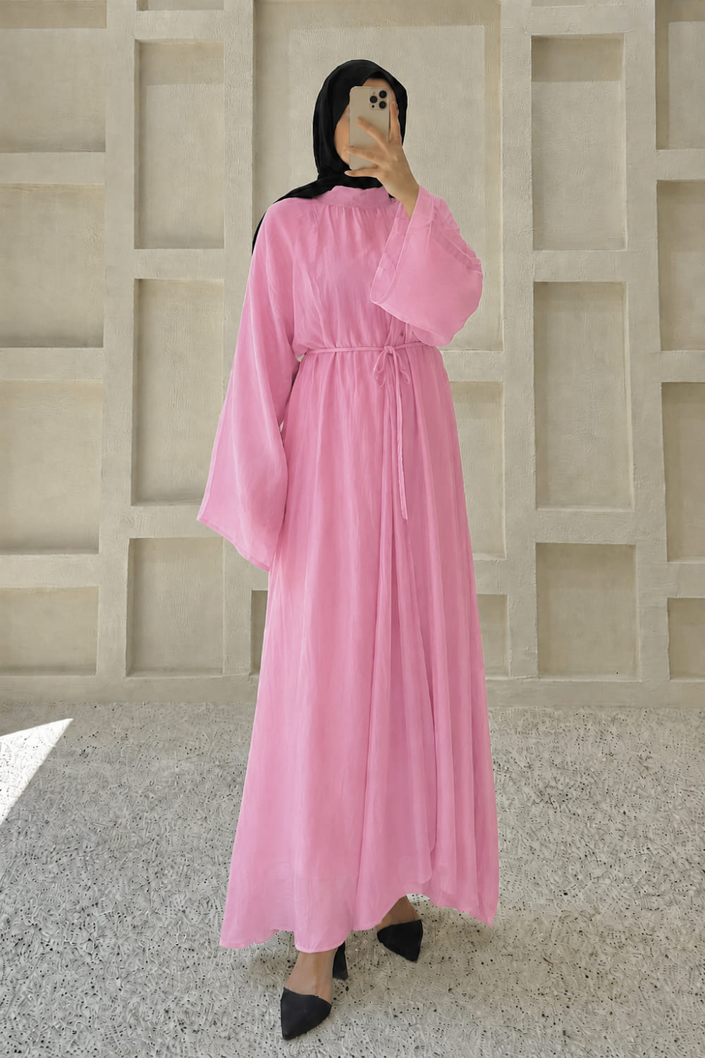 Lamelif Biyeli Tesettür Şifon Elbise Pembe