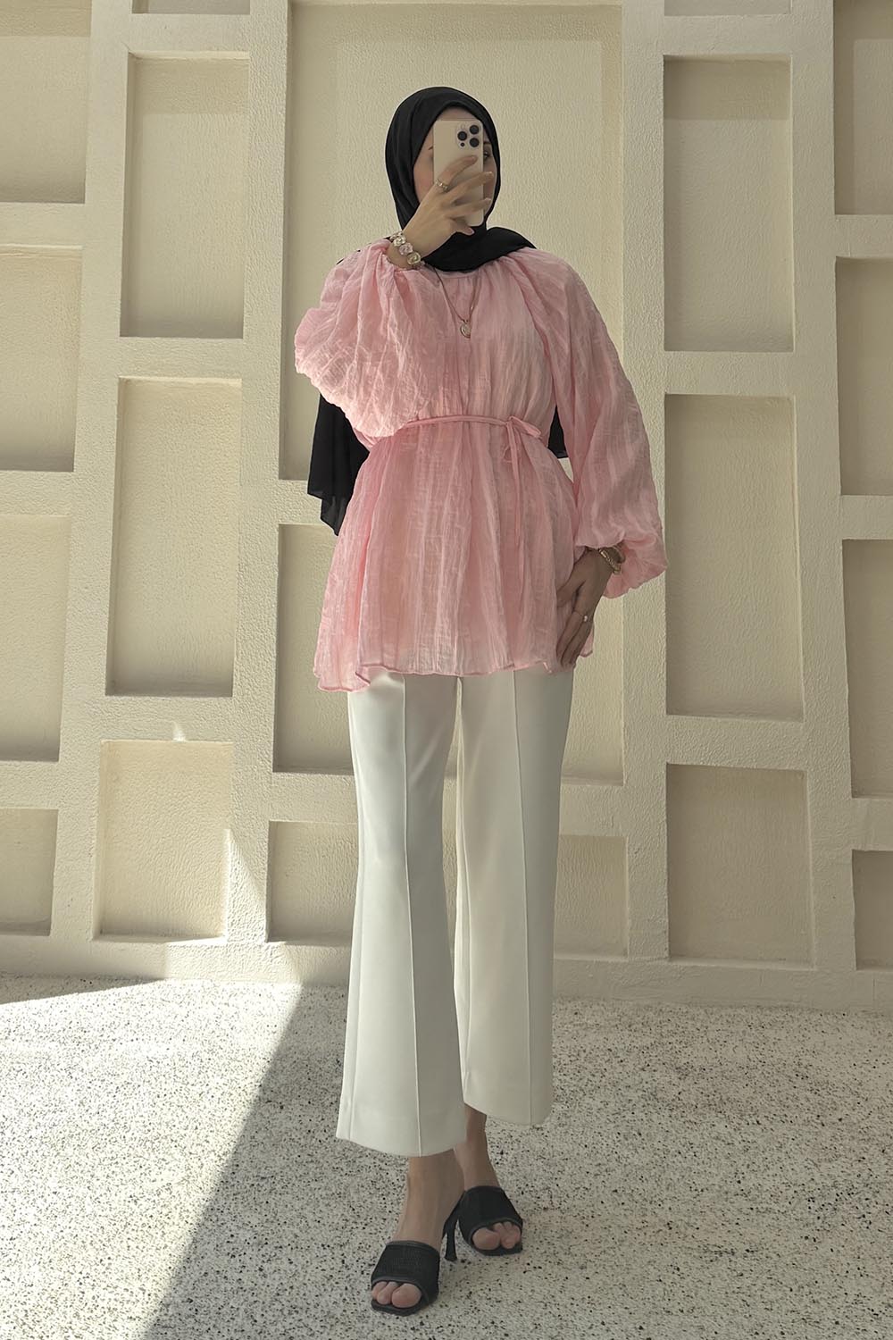 Lamelif Dik Yaka Çizgili Şifon Tunik Pembe