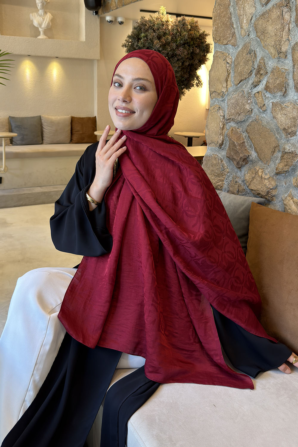 Lamelif CC Desen Aura Pamuk  Jakar  Şal Bordo