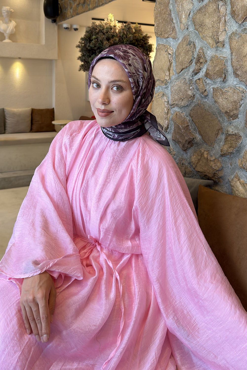 Lamelif Flower Desen Soft Eşarp Mürdüm