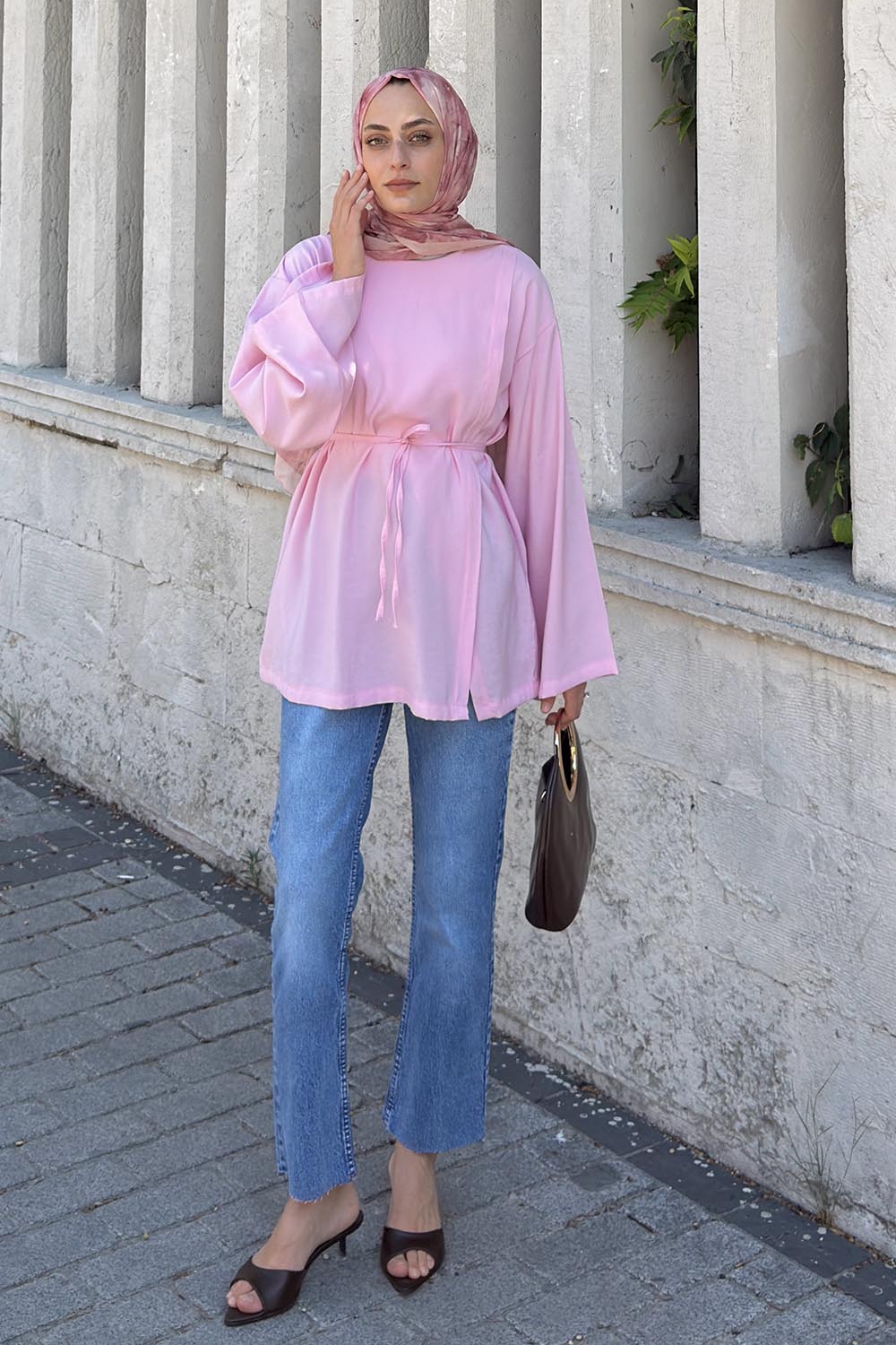 Lamelif Bisiklet Yaka Geniş Kol Tunik Pembe