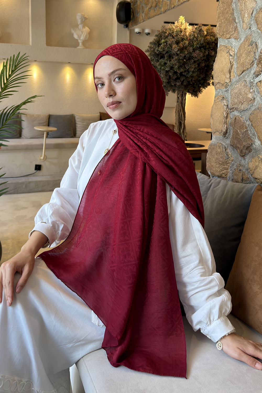 Lamelif Diamond Desen Aura Pamuk  Jakar  Şal Bordo
