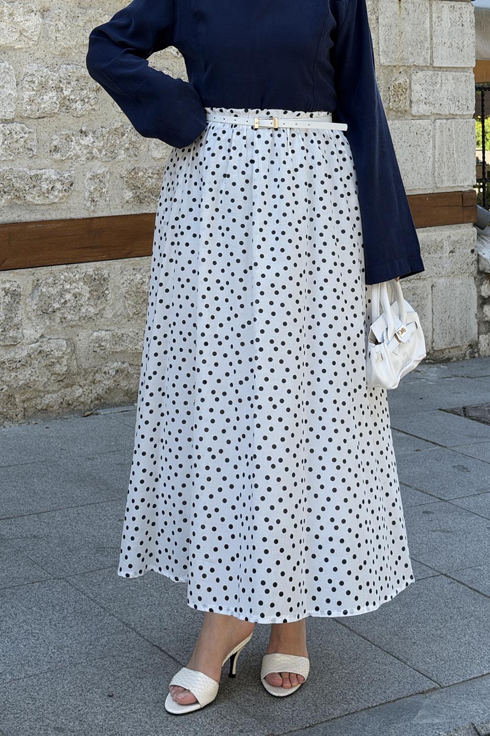 Lamelif Puantiyeli Kemerli Vual Etek Beyaz