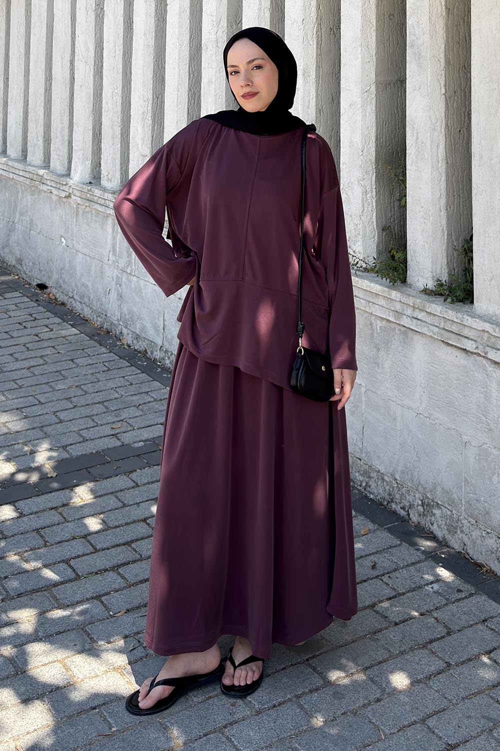Lamelif Yırtmaç Detaylı Oysho Pike Etekli Takım Bordo