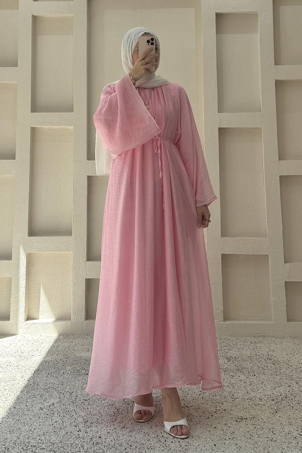 Lamelif Biyeli Tesettür Şifon Elbise Pembe