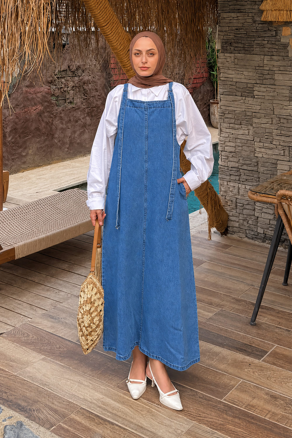 Lamelif Askılı Denim Salopet Elbise Mavi