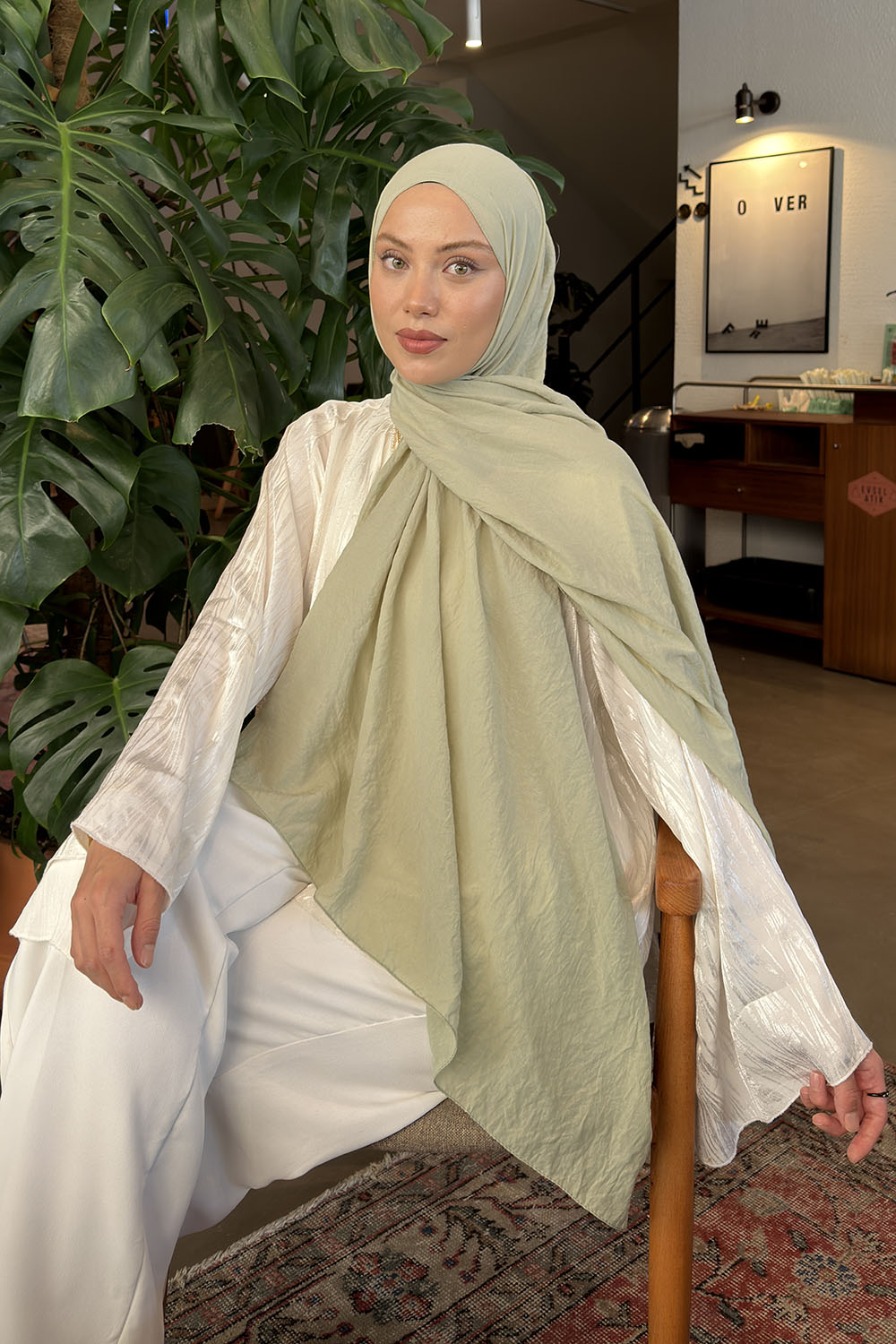 Acik Yesil Cotton Straight Shawl