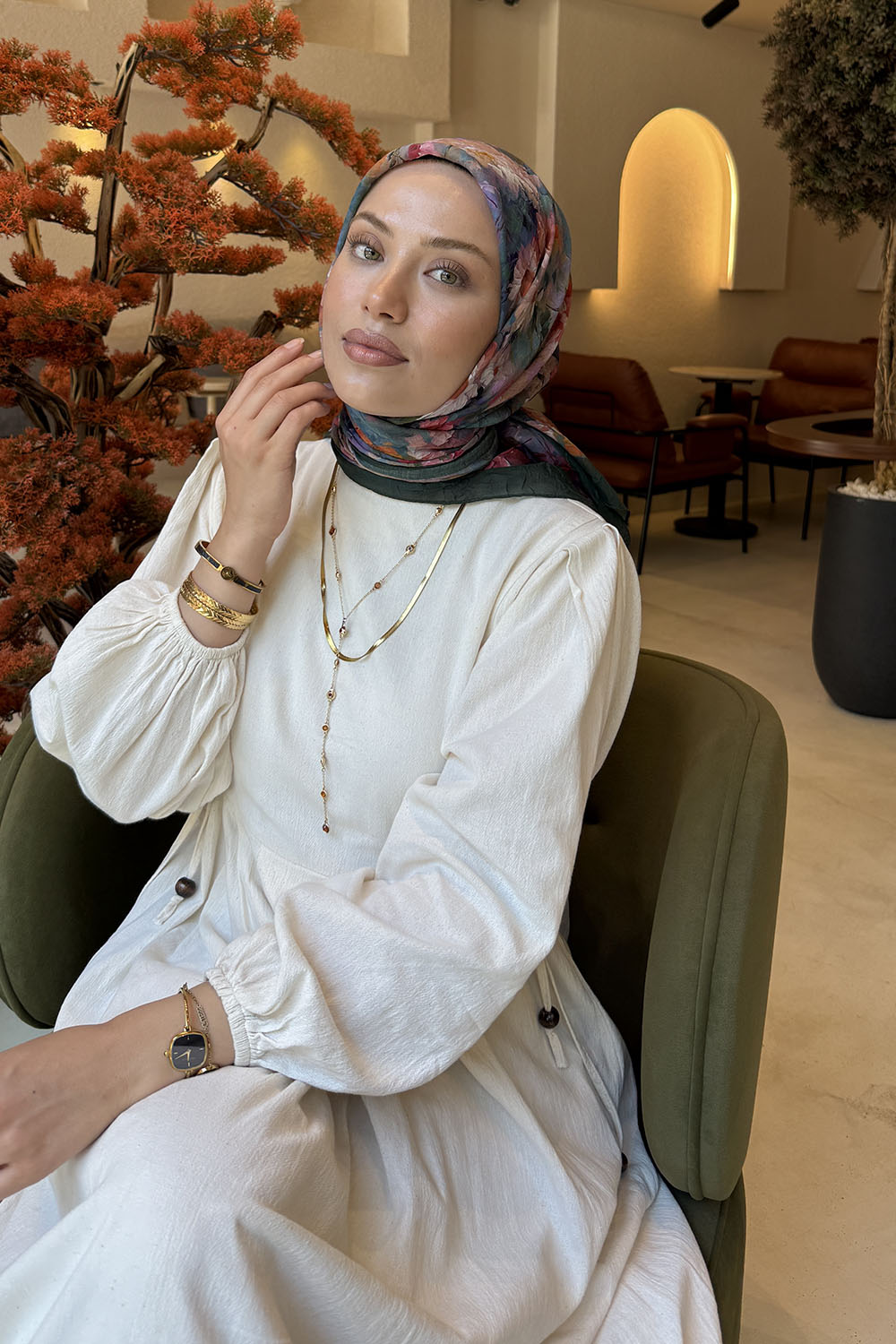 Lamelif Çiçek Desen Bambu Eşarp Zümrüt Yeşili