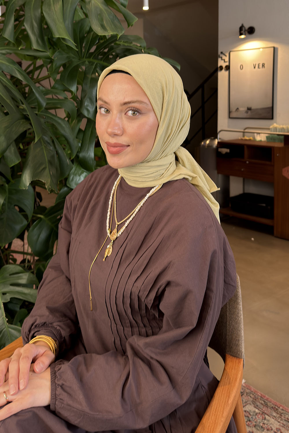 Acik Yesil Cotton Fabric Straight Scarf