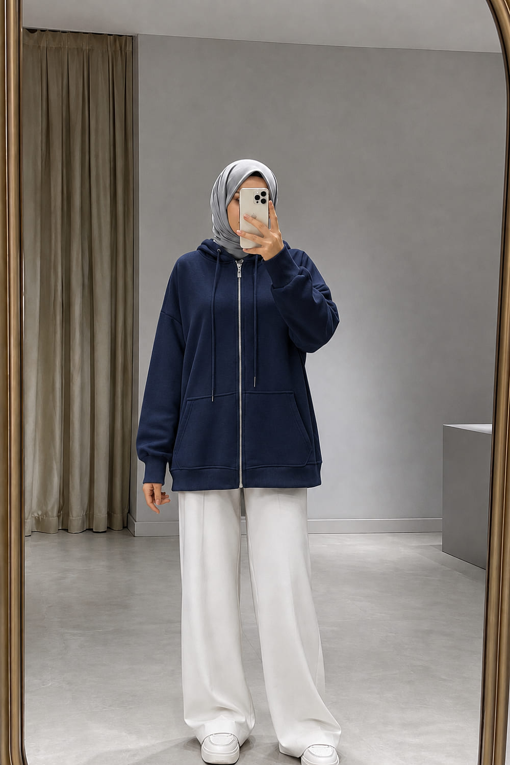 Lamelif Kapüşonlu Cep Detaylı Sweatshirt Hırka Fermuarlı Lacivert