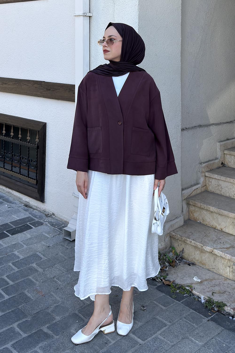 Lamelif Diegonel Cep Detaylı Ceket Mürdüm