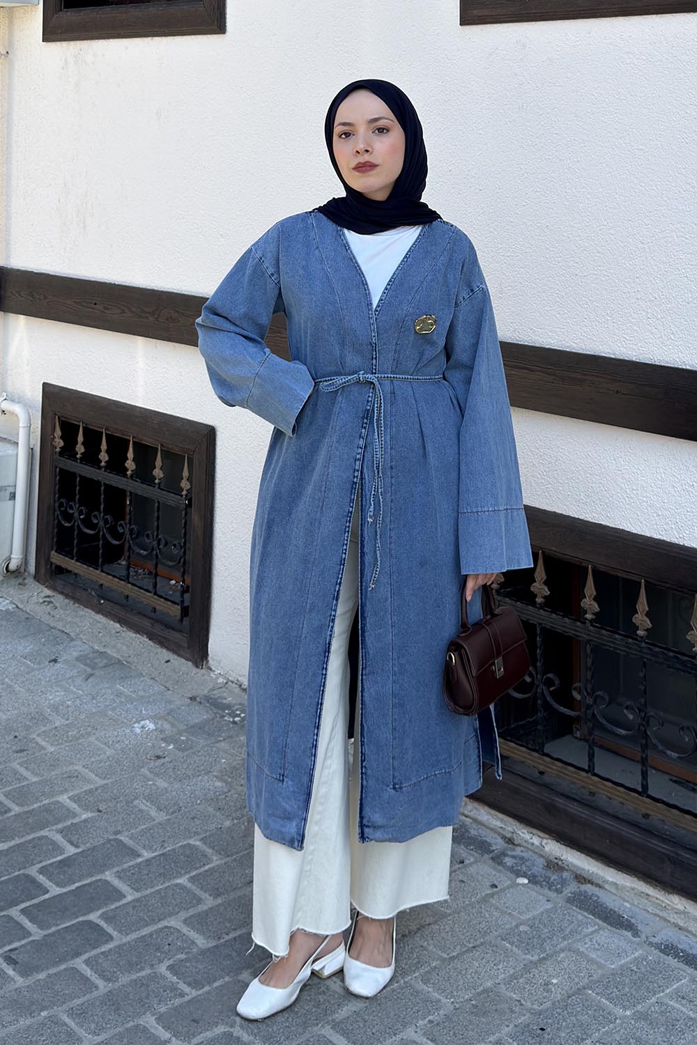 Lamelif Gold Broş Detaylı Denim Kimono Kot Mavisi
