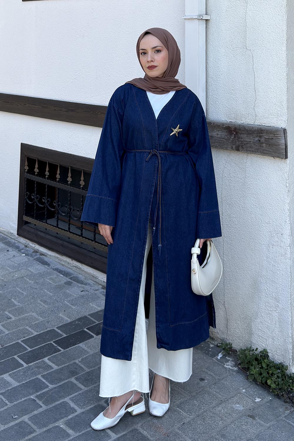 Lamelif Gold Broş Detaylı Denim Kimono Koyu Mavi