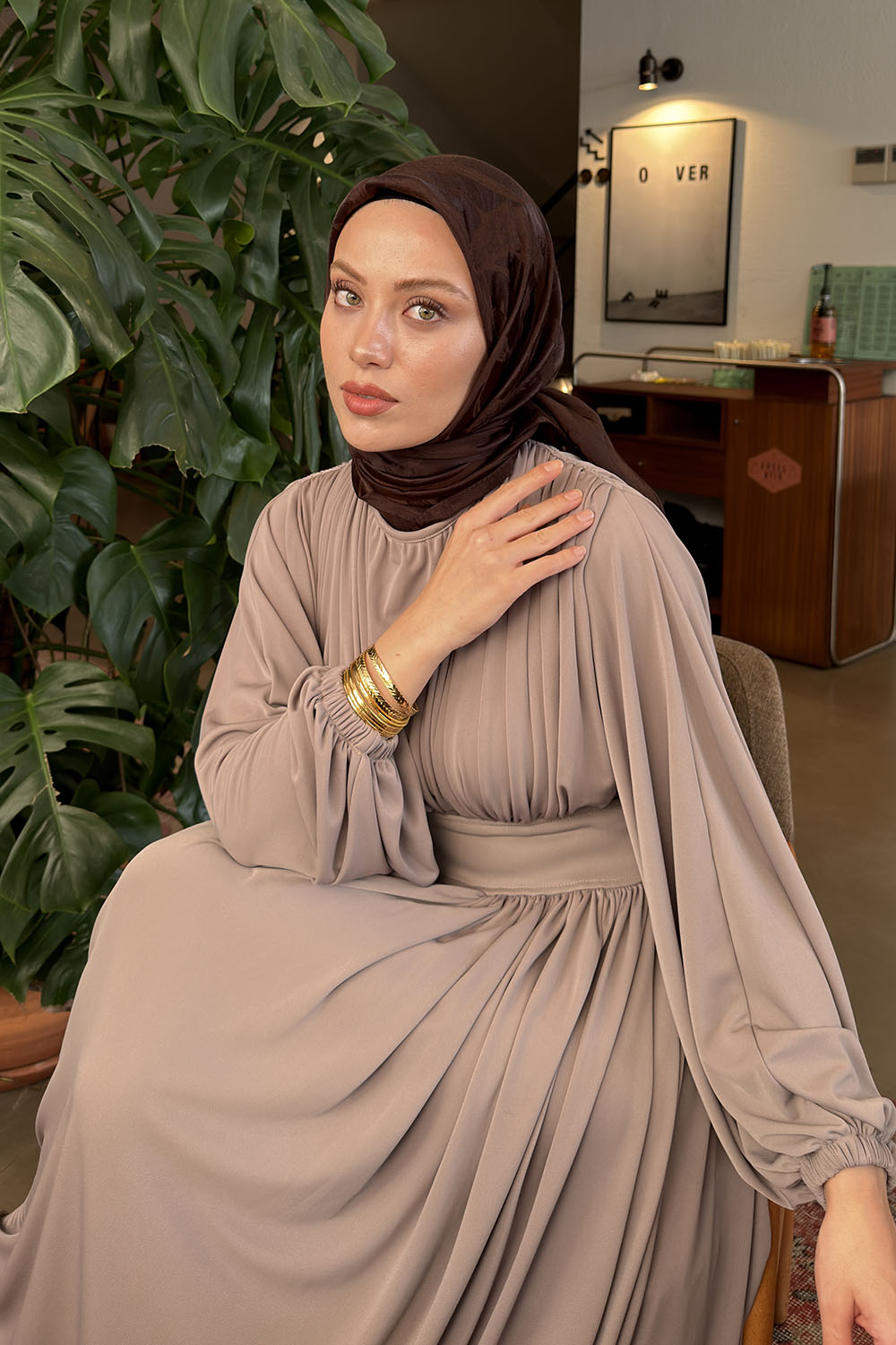 Lamelif Ağaçdalı Desen Ayrobin Floş Jakar Eşarp Acı Kahve