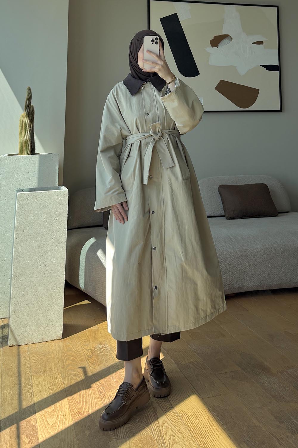 Lamelif Kemer Detaylı Oversize Trenç Bej