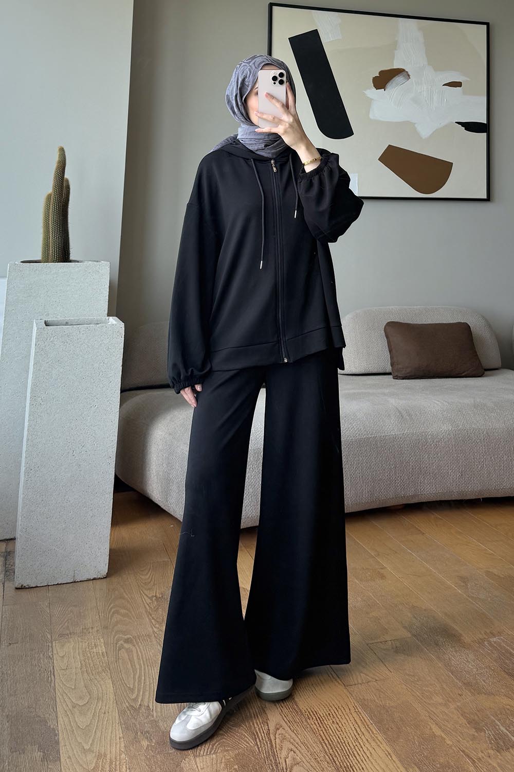 Lamelif Regular Fit Kapüşonlu Fermuarlı Hırka İkili Takım Siyah