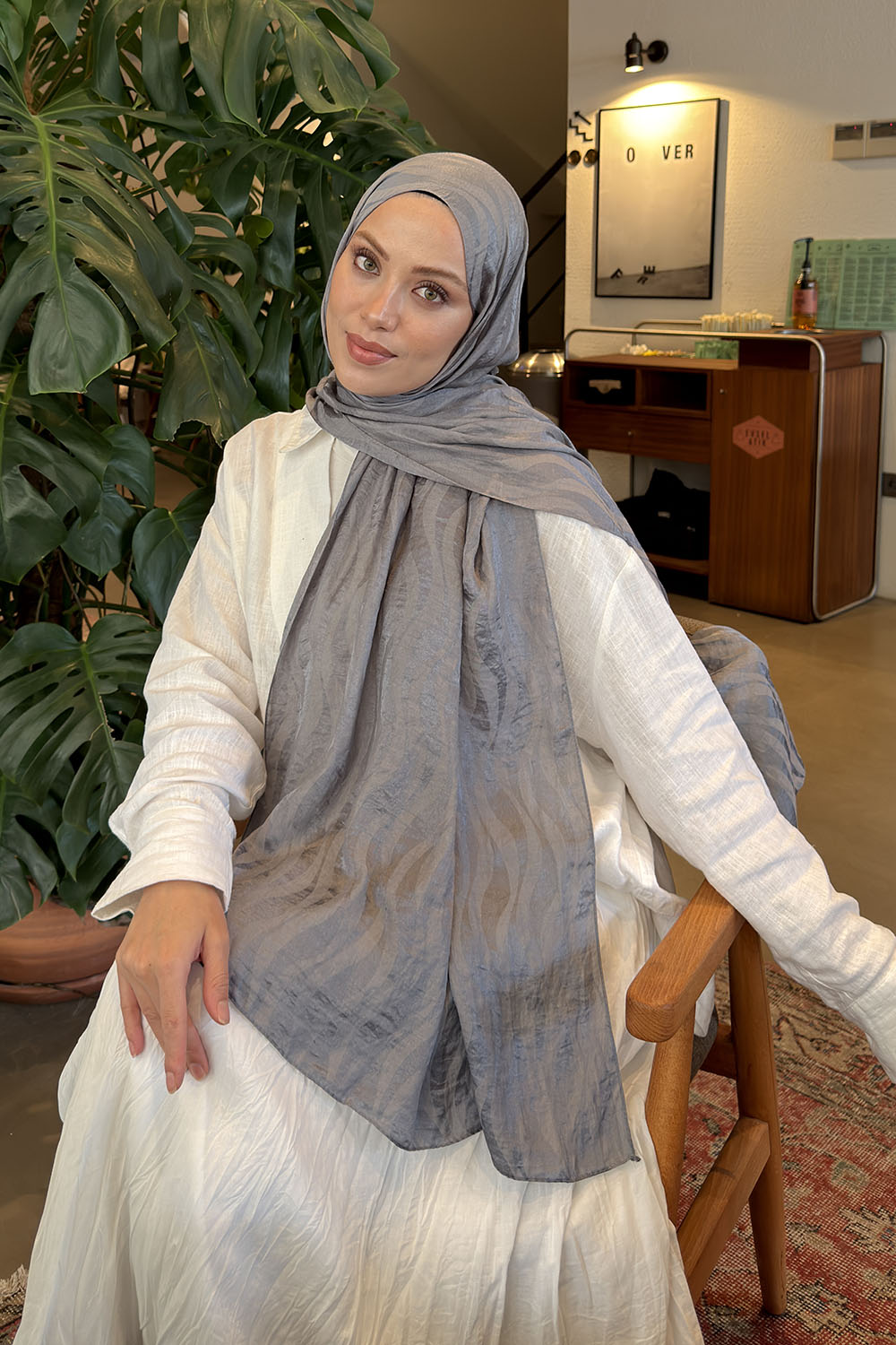 Koyu Gri Cotton Fabric Printed Shawl