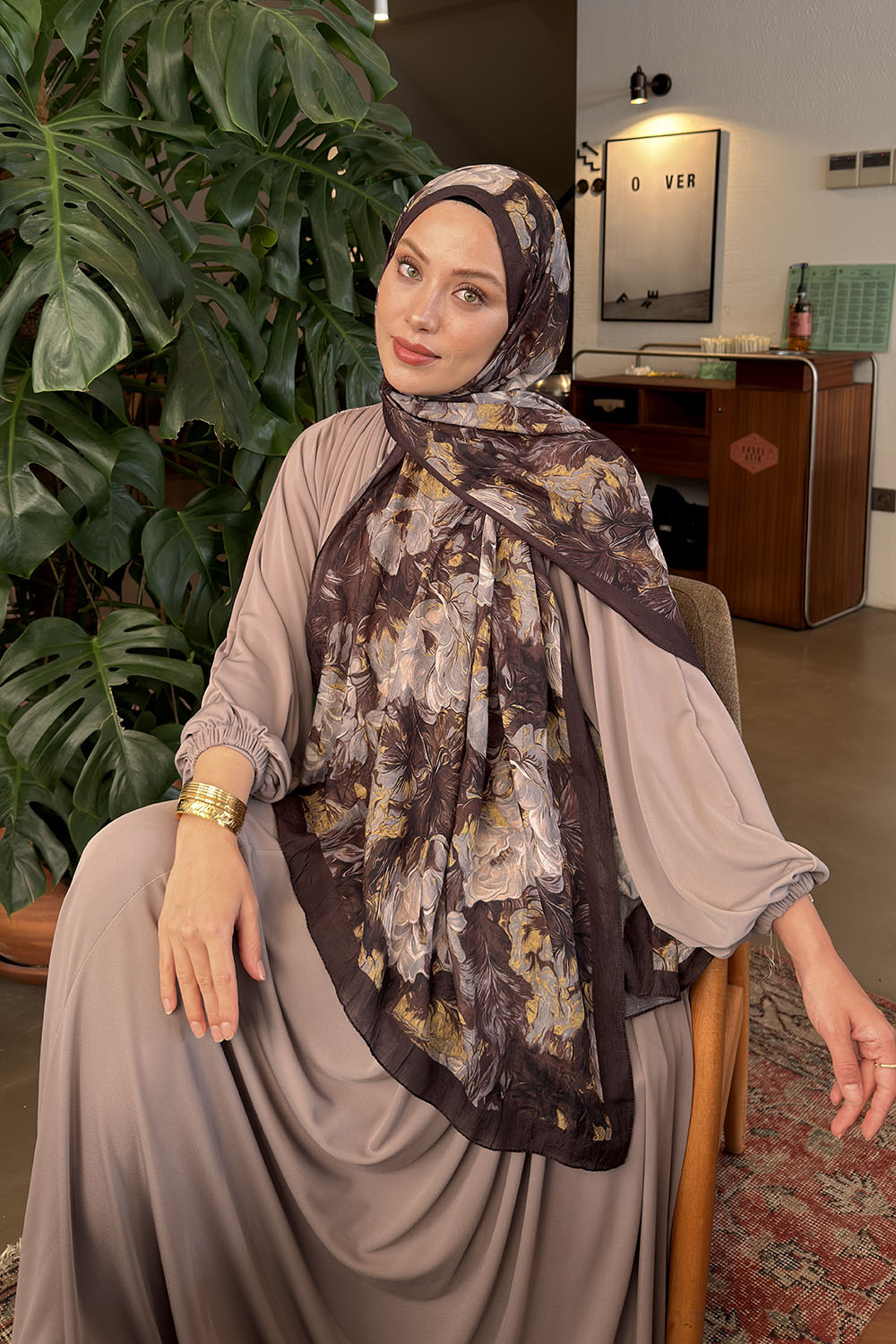 Lamelif Vintage Flower Desen Bambu Şal Koyu Kahve
