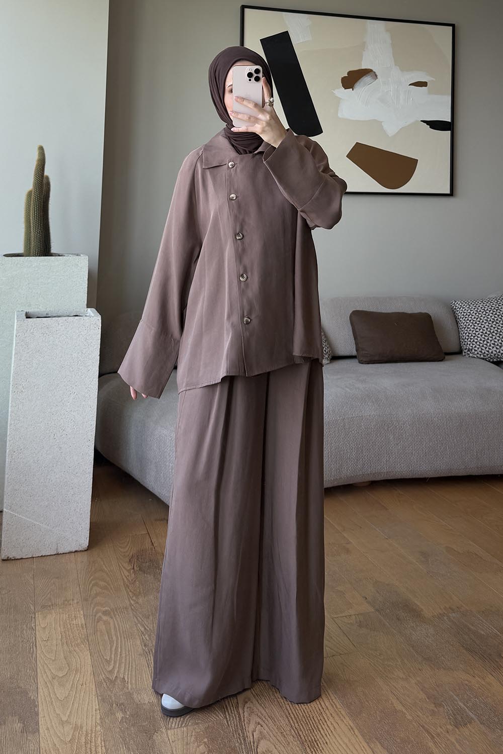 Lamelif Gömlek Yaka Tasarım Düğme Kapamalı İkili Takım Kahverengi