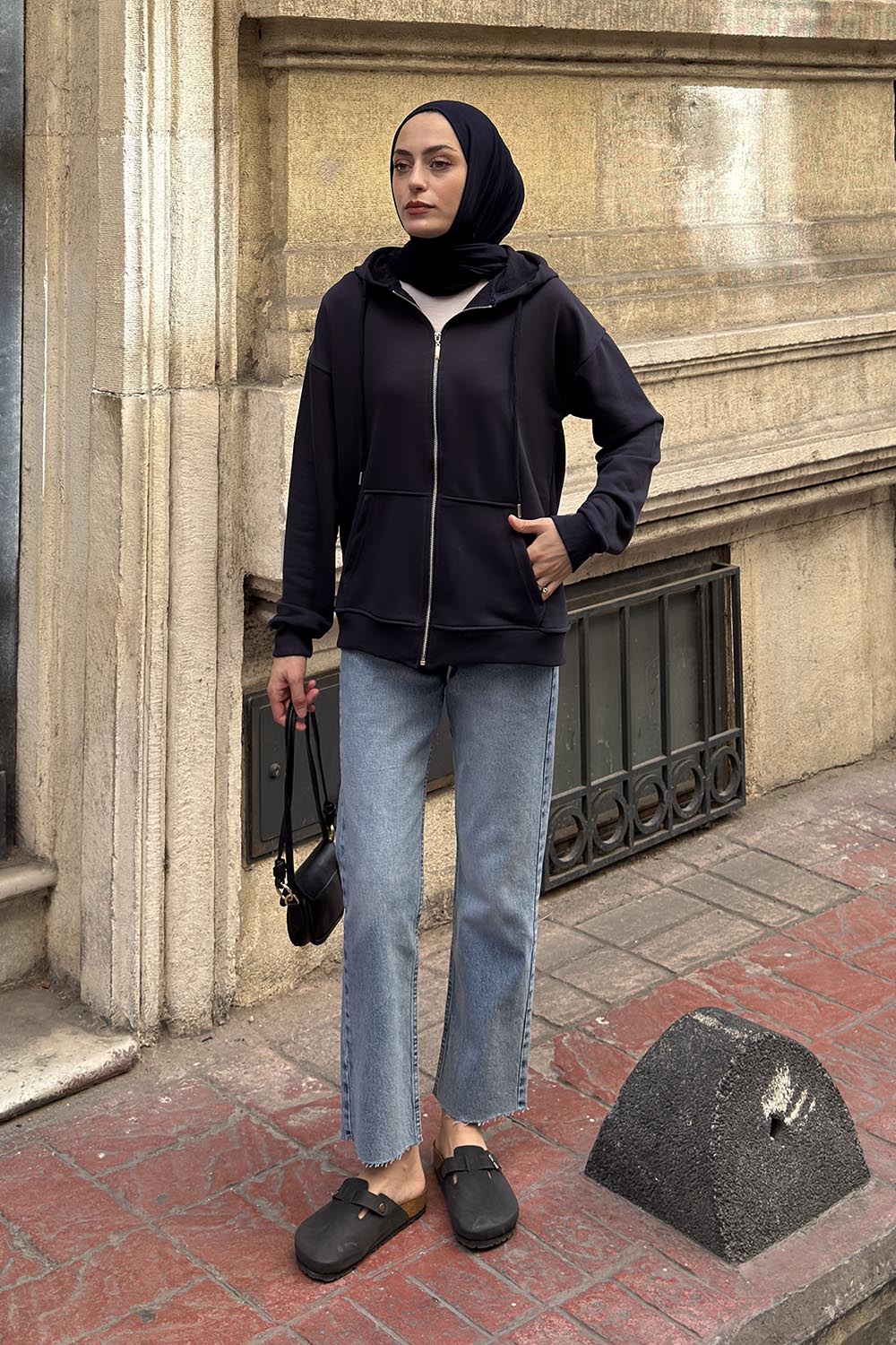 Lamelif Kapüşonlu Cep Detaylı Sweatshirt Hırka Fermuarlı Lacivert