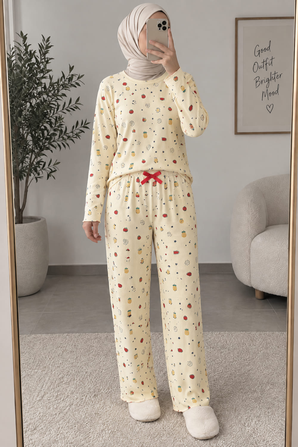 Lamelif Meryve Desenli Kaşkorse Pijama Takımı