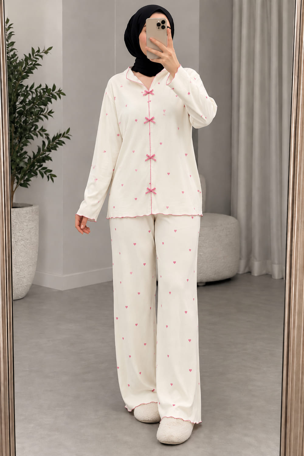 Lamelif Pembe Kalp Desenli Fiyonk Detaylı Pijama Takımı