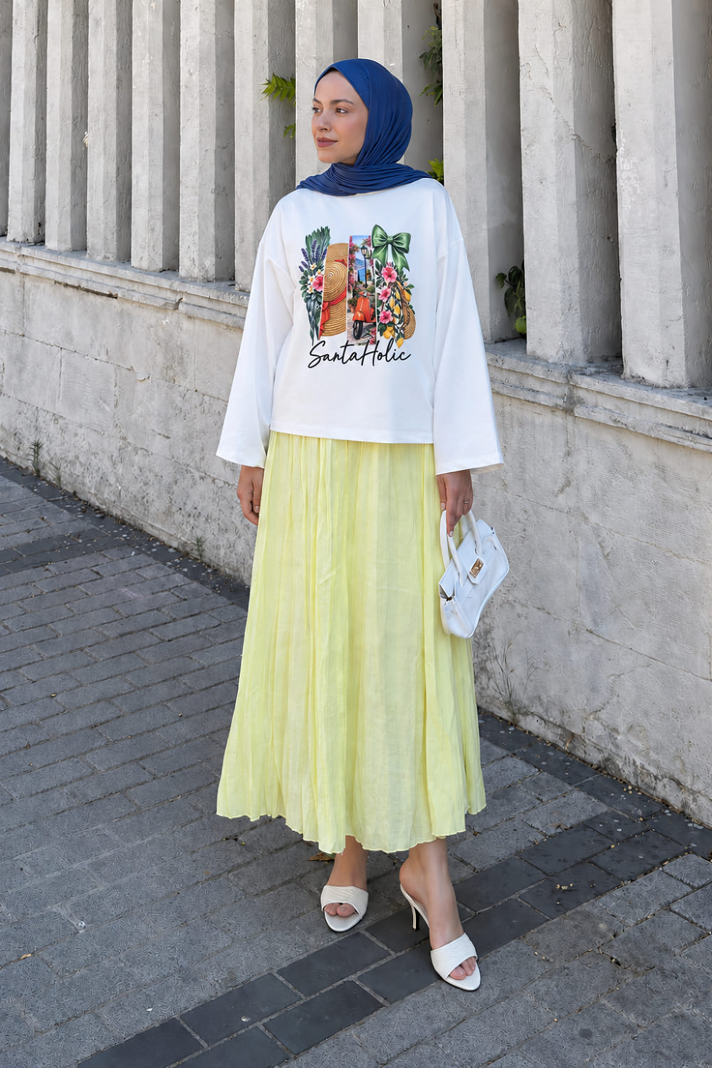 Lamelif Basic Oversize Yaz Esintisi Baskılı Bluz Beyaz