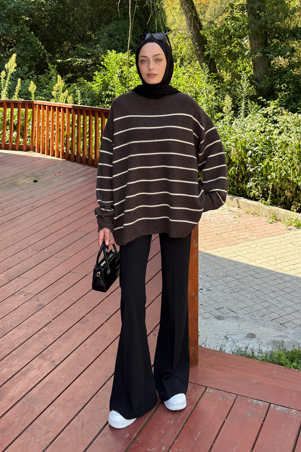 Lamelif Çizgili Triko Kazak Acı Kahve