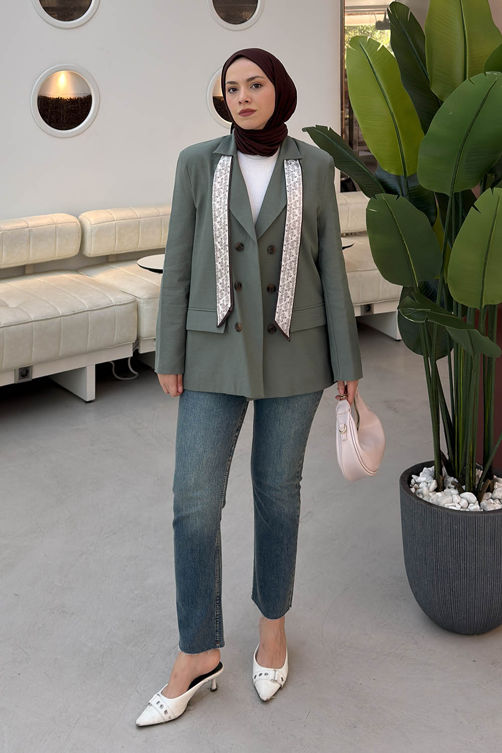 Lamelif Fular Detaylı Keten Blazer Ceket Haki