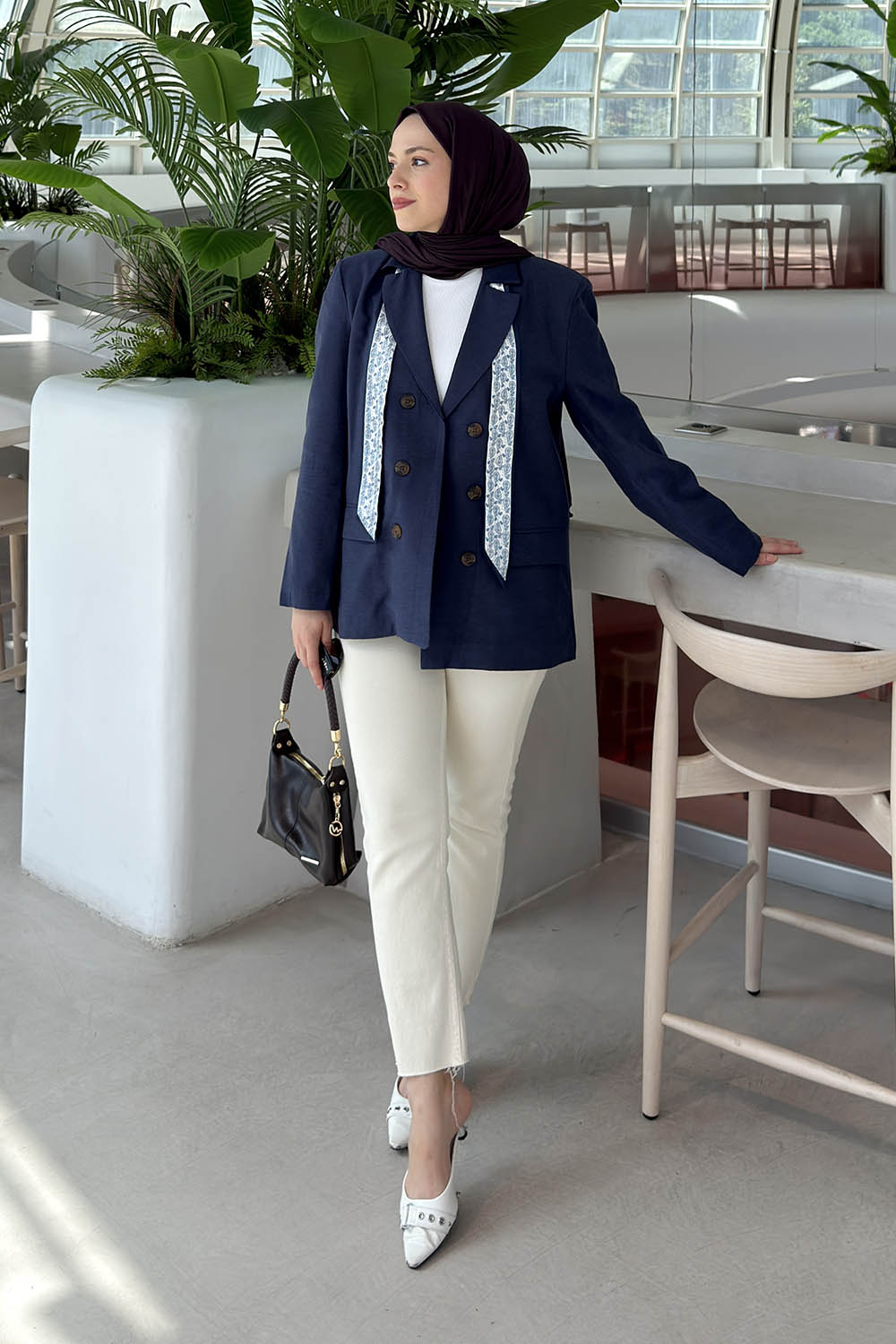 Lamelif Fular Detaylı Keten Blazer Ceket Lacivert