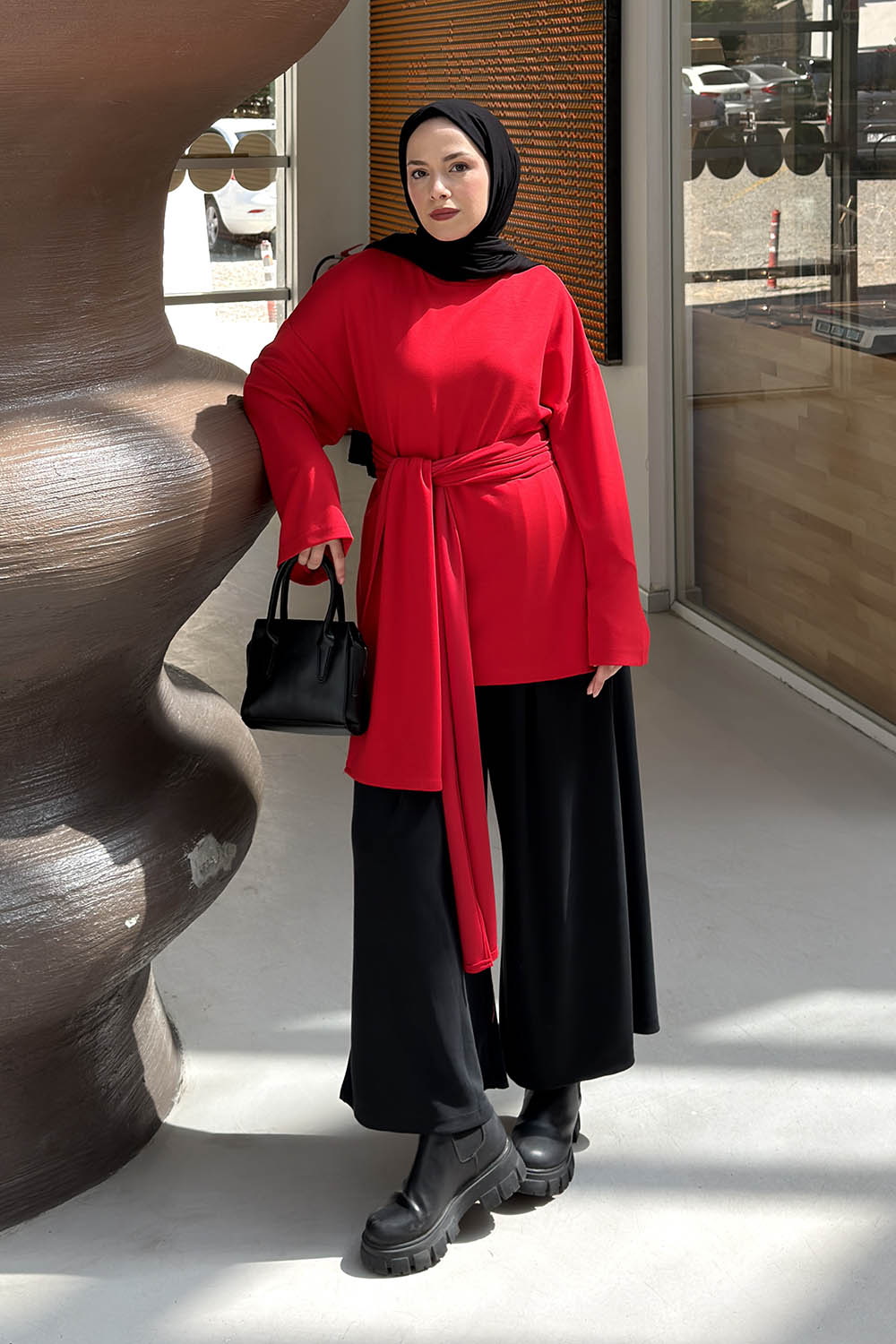 Lamelif Kemer Bağlamalı Tunik Kırmızı