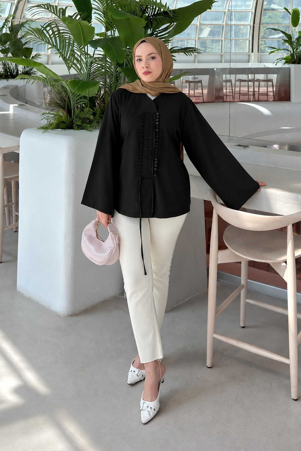 Black V Neck Viscose Unprinted Tunic