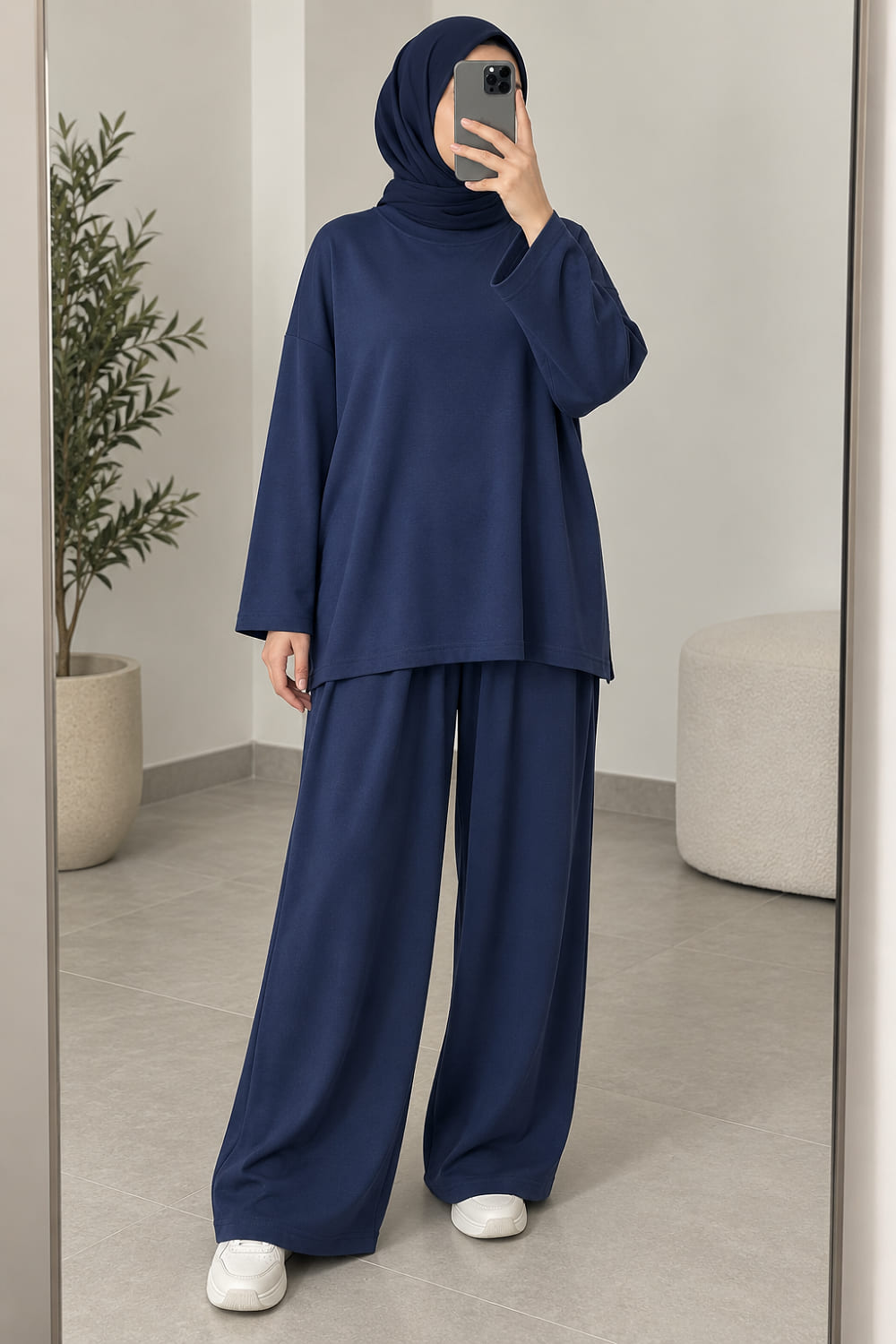 Navy Blue Crew Neck Long Arm Without Accessories Regular Trousers Suit