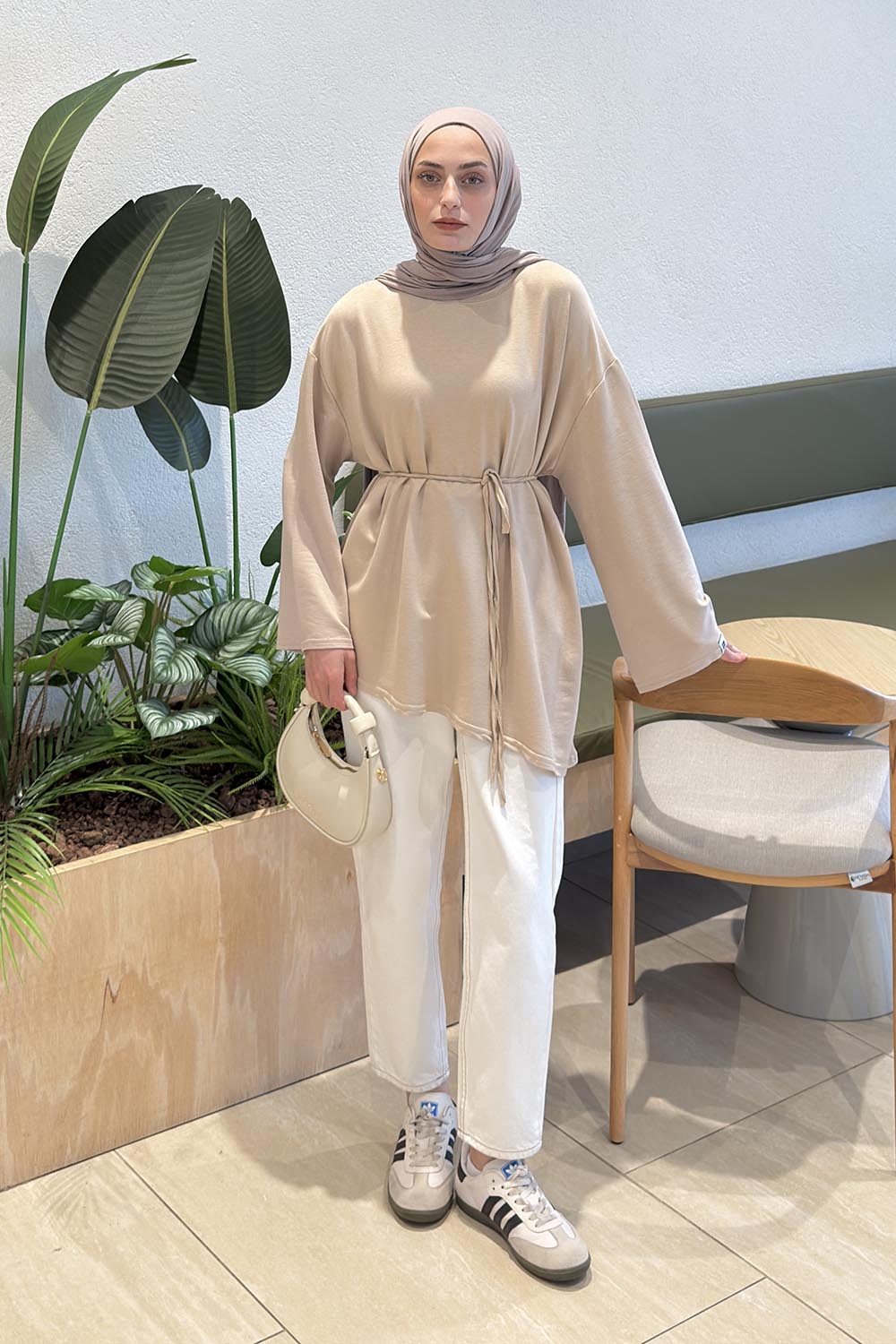 Beige Crew Neck Viscose Fabric Unprinted Tunic