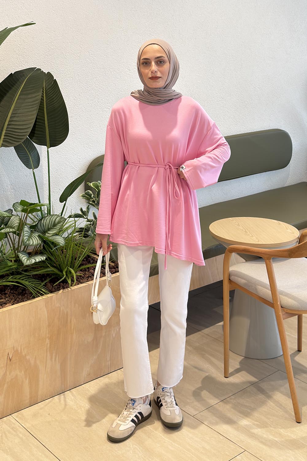 Pink Crew Neck Viscose Fabric Unprinted Tunic
