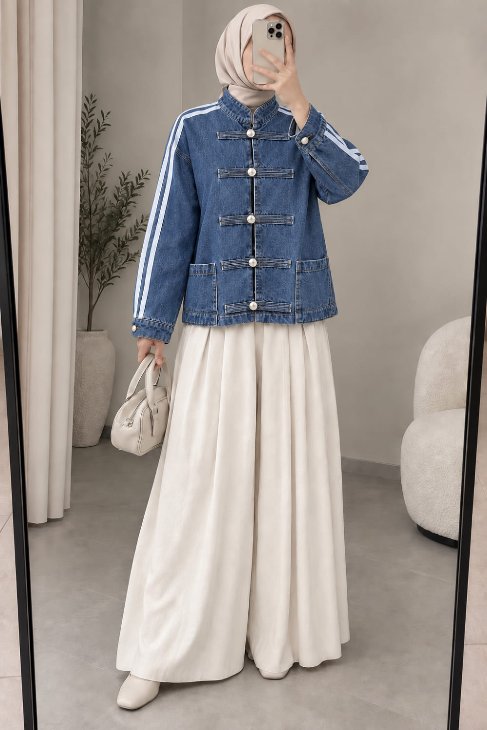 Lamelif Şerit Detaylı Birit Düğmeli Denim Ceket Kot Mavisi