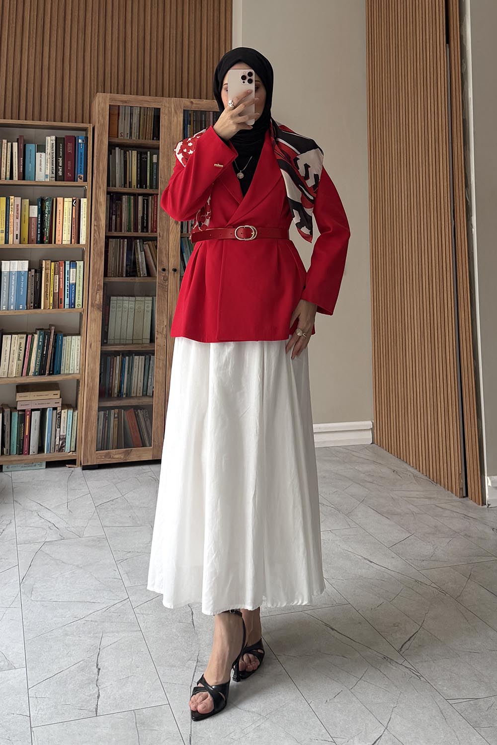 Lamelif Fular Detaylı Pileli Blazer Ceket Kırmızı