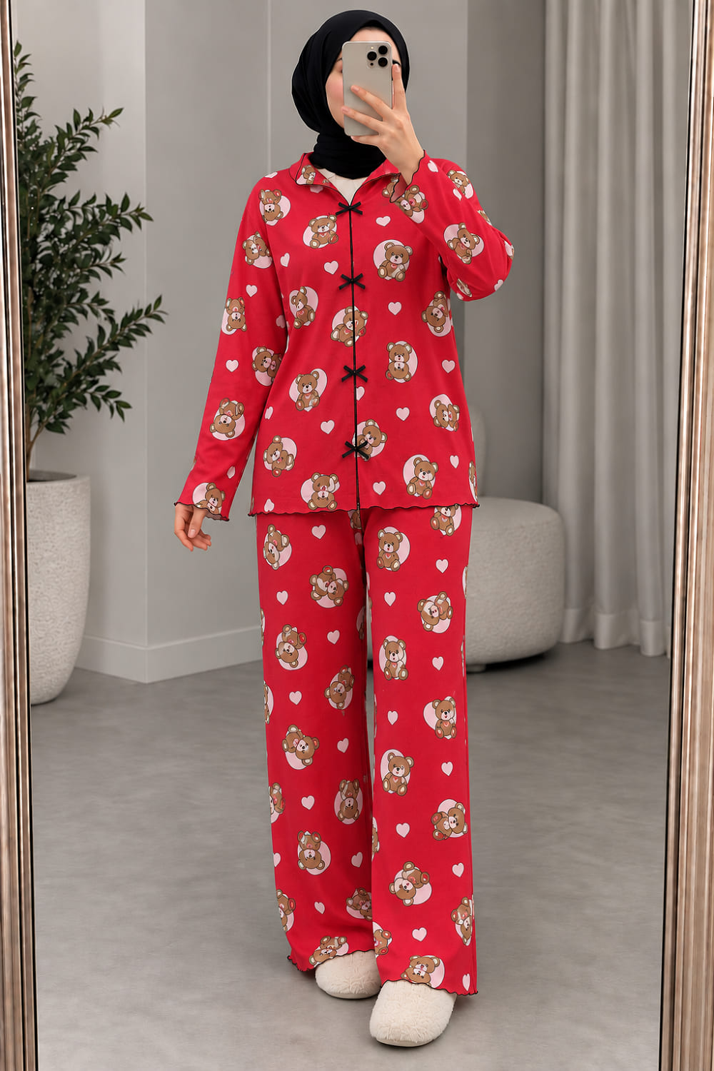 Lamelif Kırmızı Ayıcıklı Fiyonk Detaylı Pijama Takımı