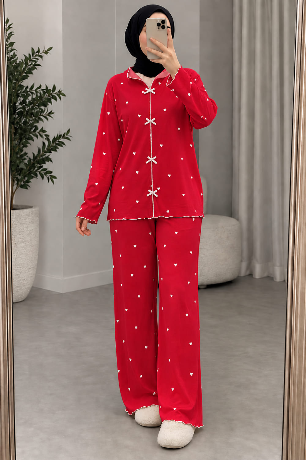 Lamelif Kırmızı Kalp Desenli Fiyonk Detaylı Pijama Takımı
