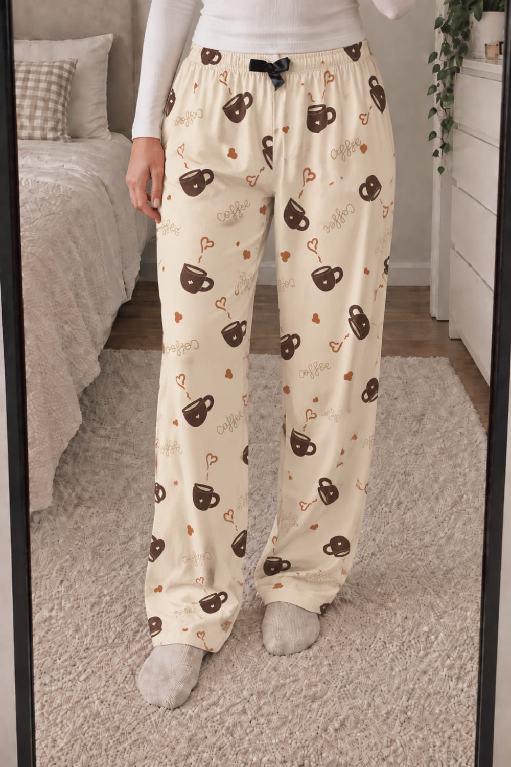 Lamelif Milan Kumaş  Kahve  Coffee  Cup Desenli Pijama Altı
