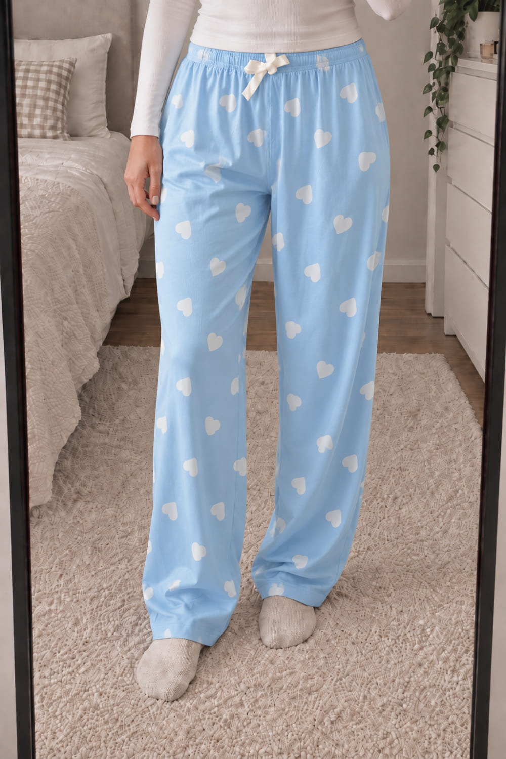 Lamelif Milan Kumaş Mavi Kalp Desenli Pijama Altı