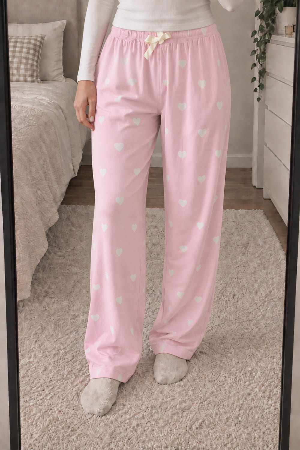 Lamelif Milan Kumaş Pembe Ekru Kalp Desenli Pijama Altı