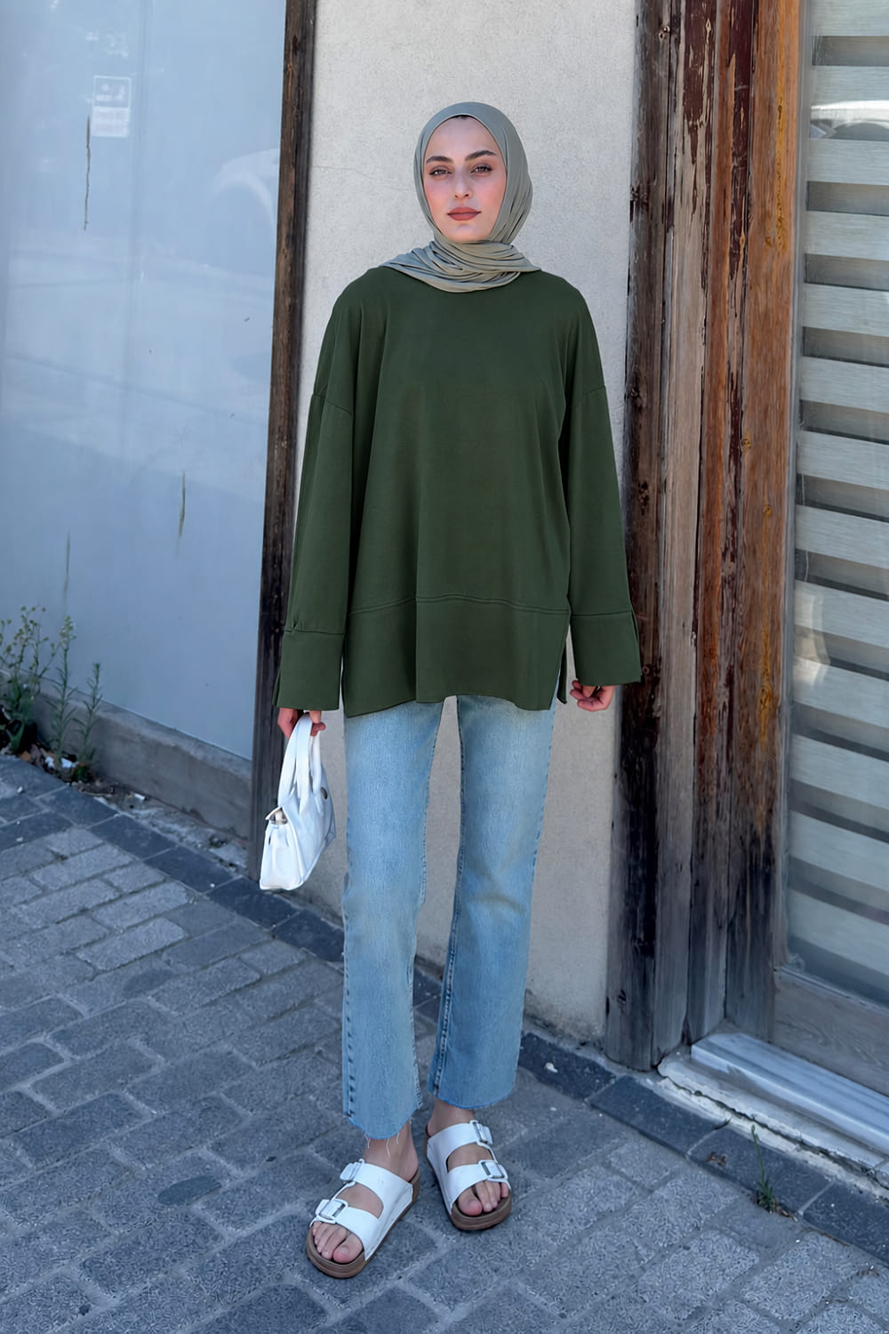 Lamelif Yırtmaç Detaylı Basic Bluz Koyu Yeşil