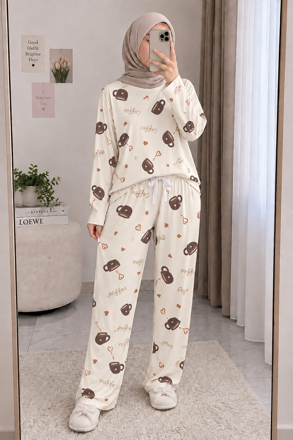 Cream-6 Crew Neck Long Arm Without Accessories Combed Fabric Regular Trousers Comfortable Pyjamas