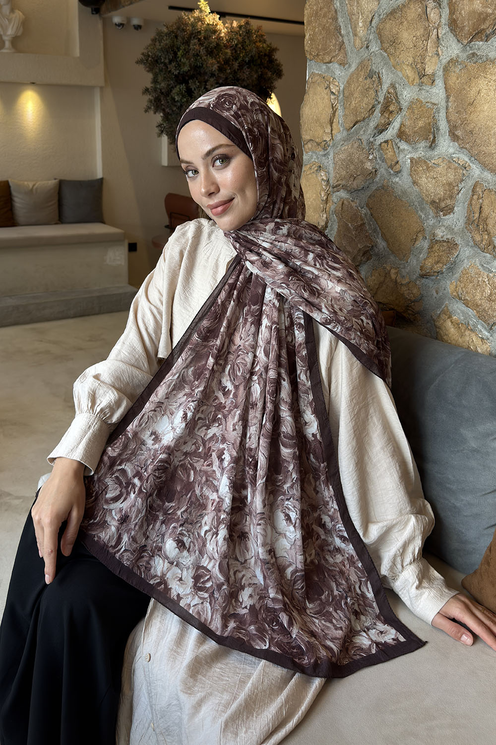 Lamelif Rose Garden Desen Bambu Şal Acı Kahve