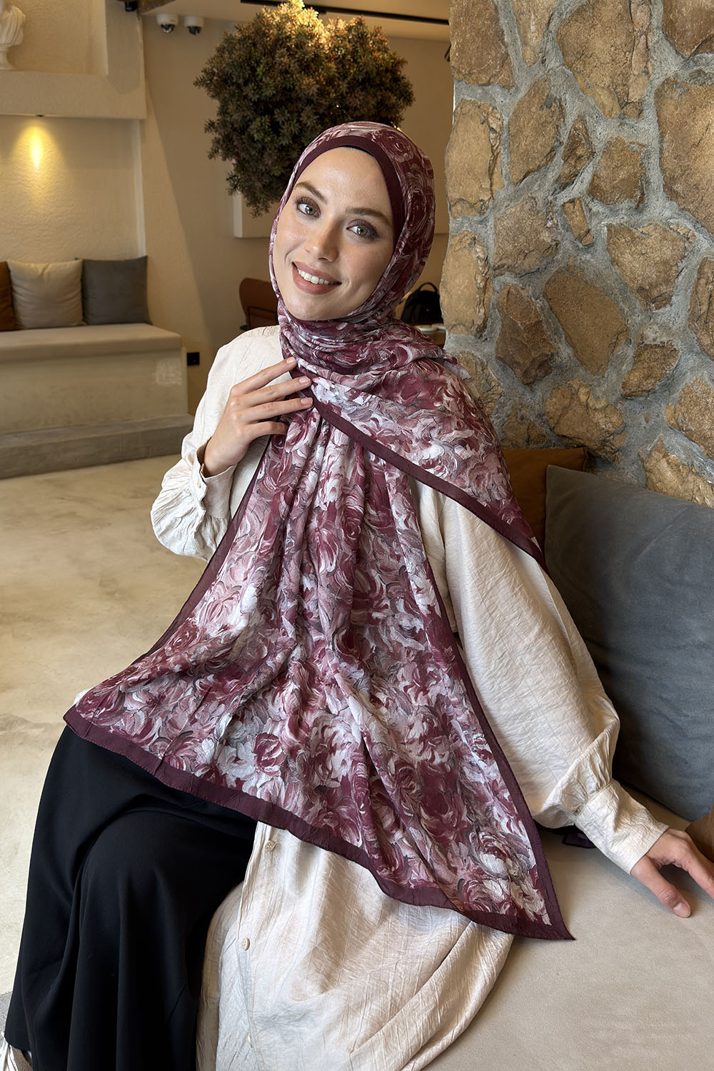 Lamelif Rose Garden Desen Bambu Şal Koyu Bordo