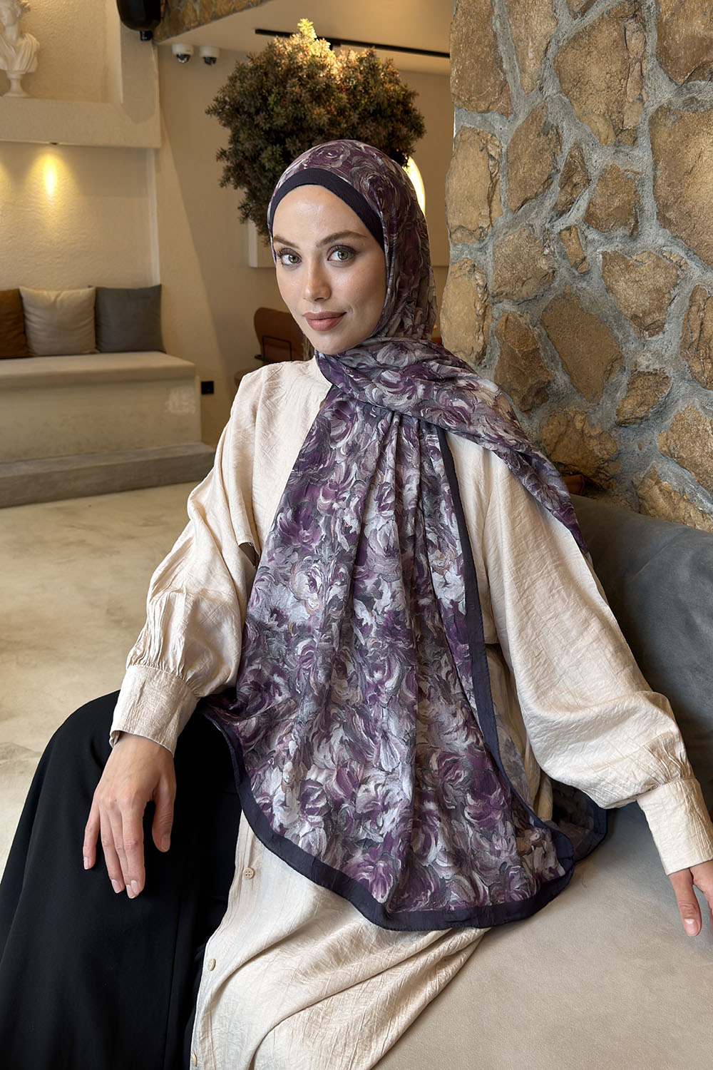 Lamelif Rose Garden Desen Bambu Şal Koyu Mor
