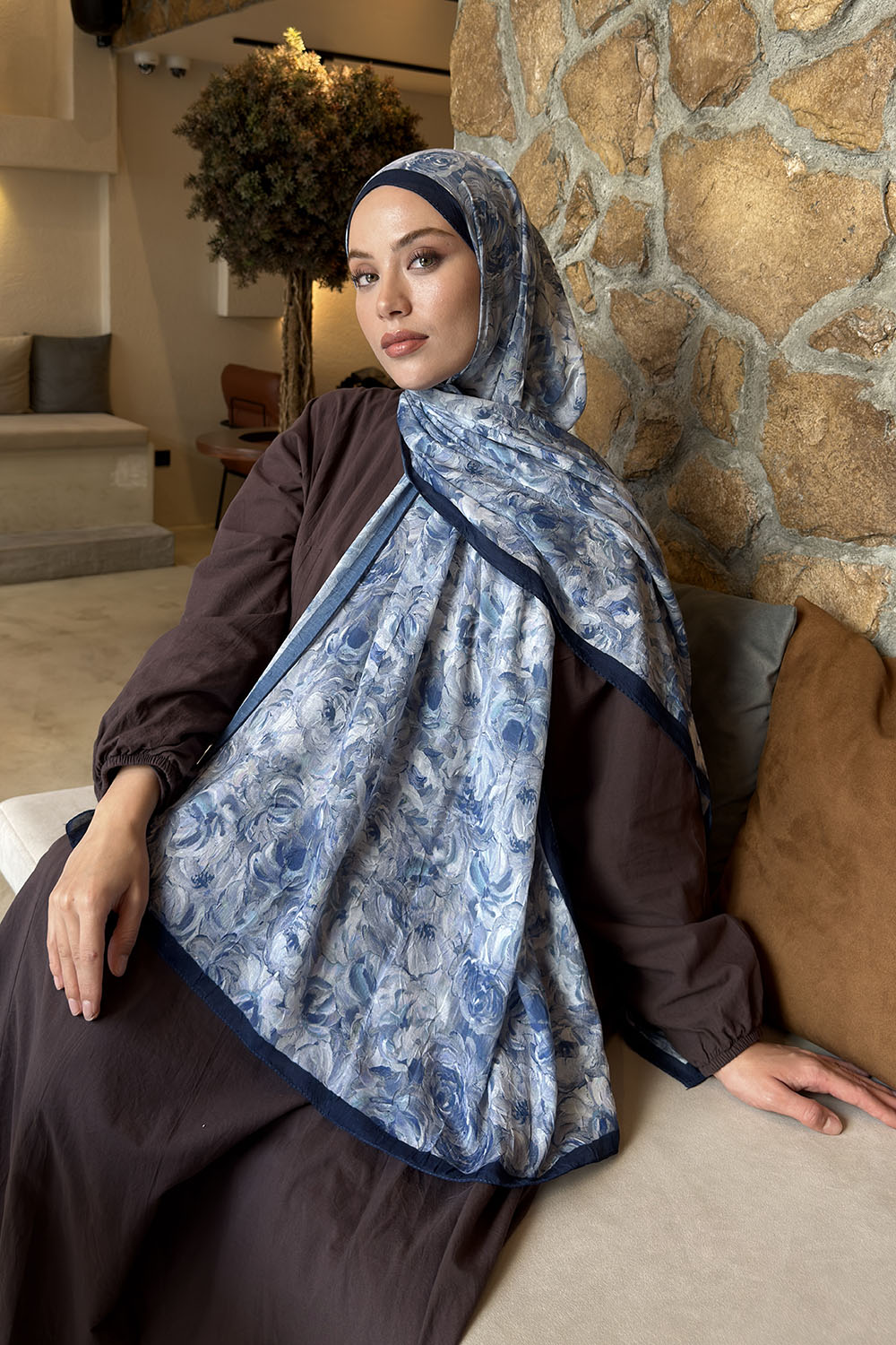 Lamelif Rose Garden Desen Bambu Şal Lacivert
