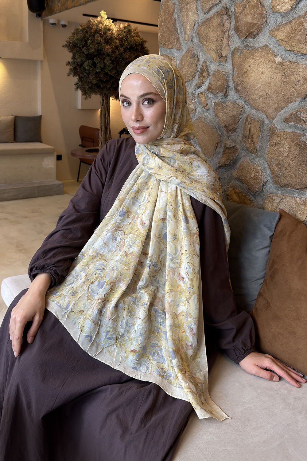 Lamelif Rose Garden Desen Bambu Şal Sarı