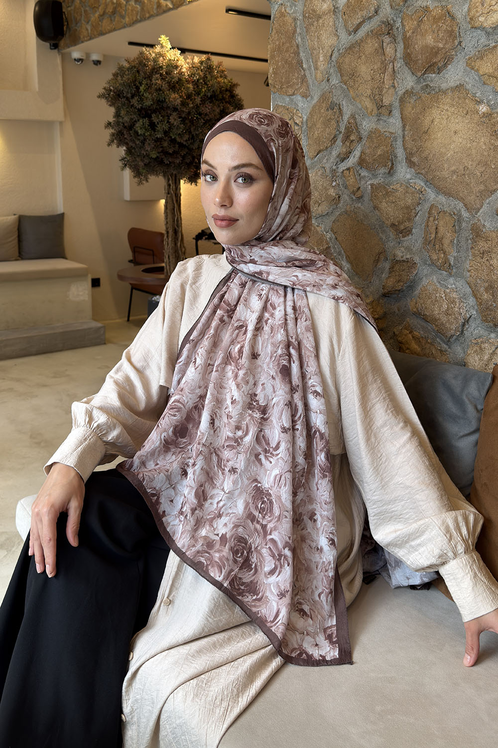 Lamelif Rose Garden Desen Bambu Şal Sütlü Kahve